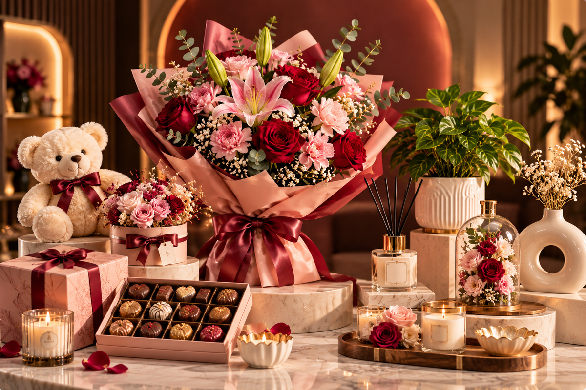 A romantic gift arrangement featuring a large bouquet of pink and red flowers wrapped in pink paper, surrounded by chocolate boxes, candles, a teddy bear, and decorative plants on a marble table.