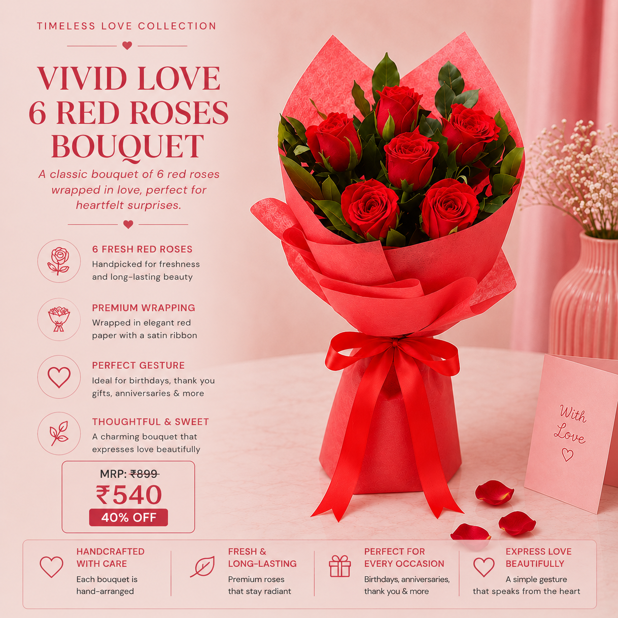 Vivid Love 6 Red Roses Bouquet – Elegant Romantic Rose Bouquet for Birthday, Anniversary & Surprise Gifting