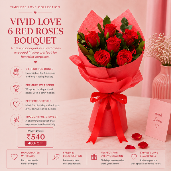 Vivid Love 6 Red Roses Bouquet – Elegant Romantic Rose Bouquet for Birthday, Anniversary & Surprise Gifting