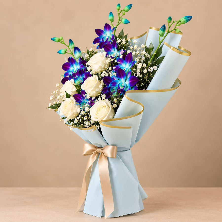 Serene Blooms 3 Blue Orchids & 5 White Roses Bouquet
