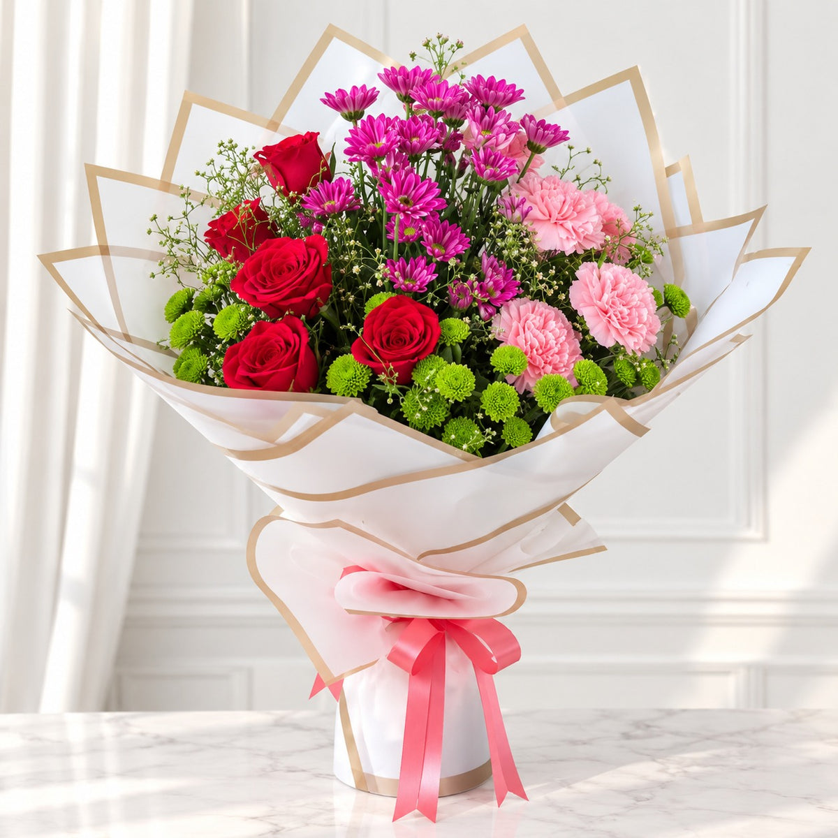 Graceful Charm 5 Roses & 5 Carnation Flowers Bouquet