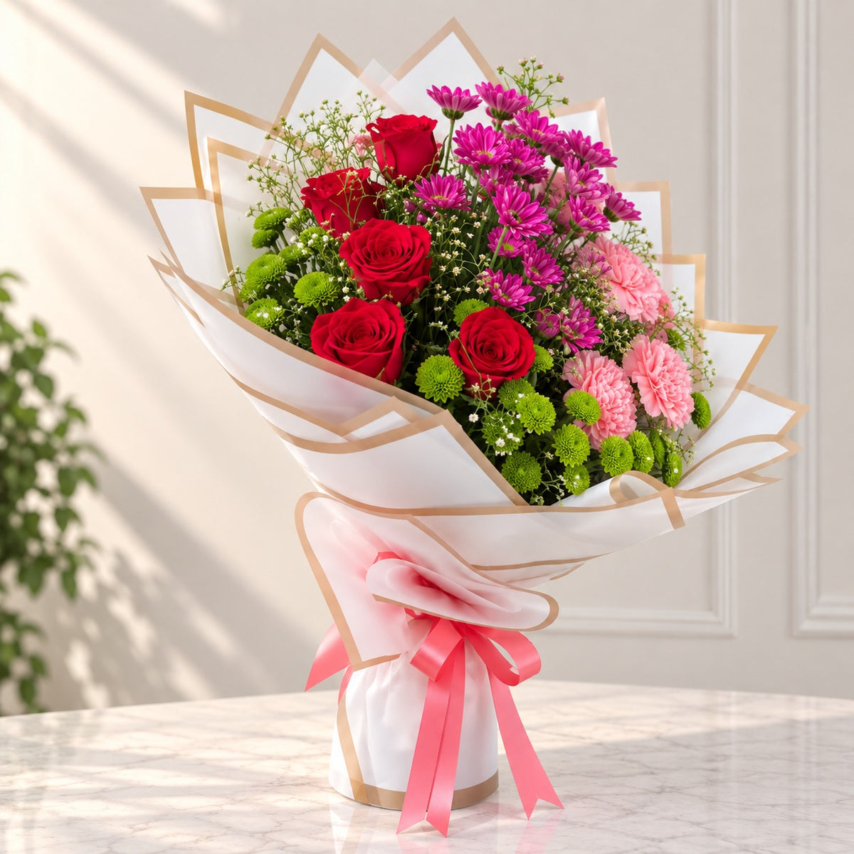 Graceful Charm 5 Roses & 5 Carnation Flowers Bouquet