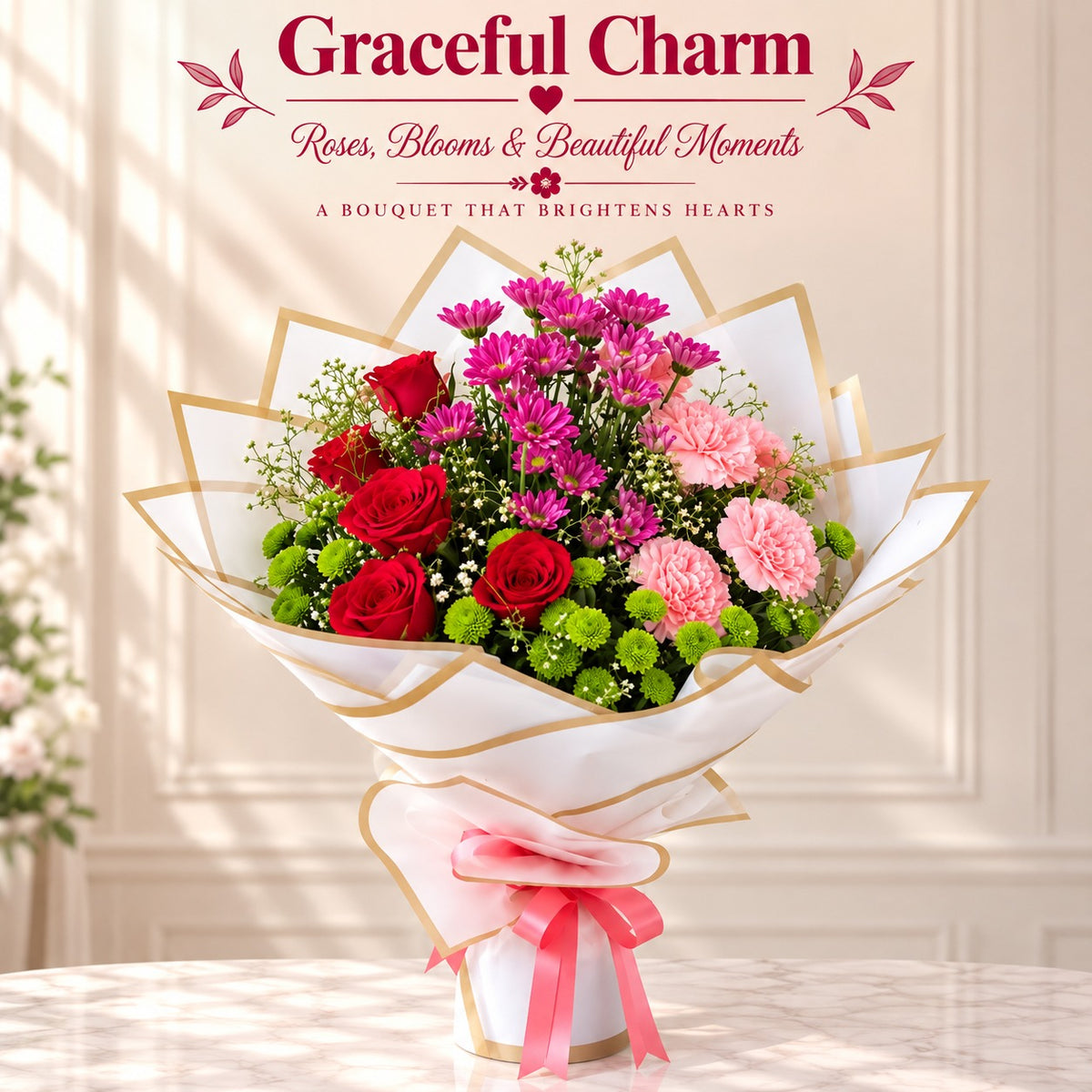 Graceful Charm 5 Roses & 5 Carnation Flowers Bouquet